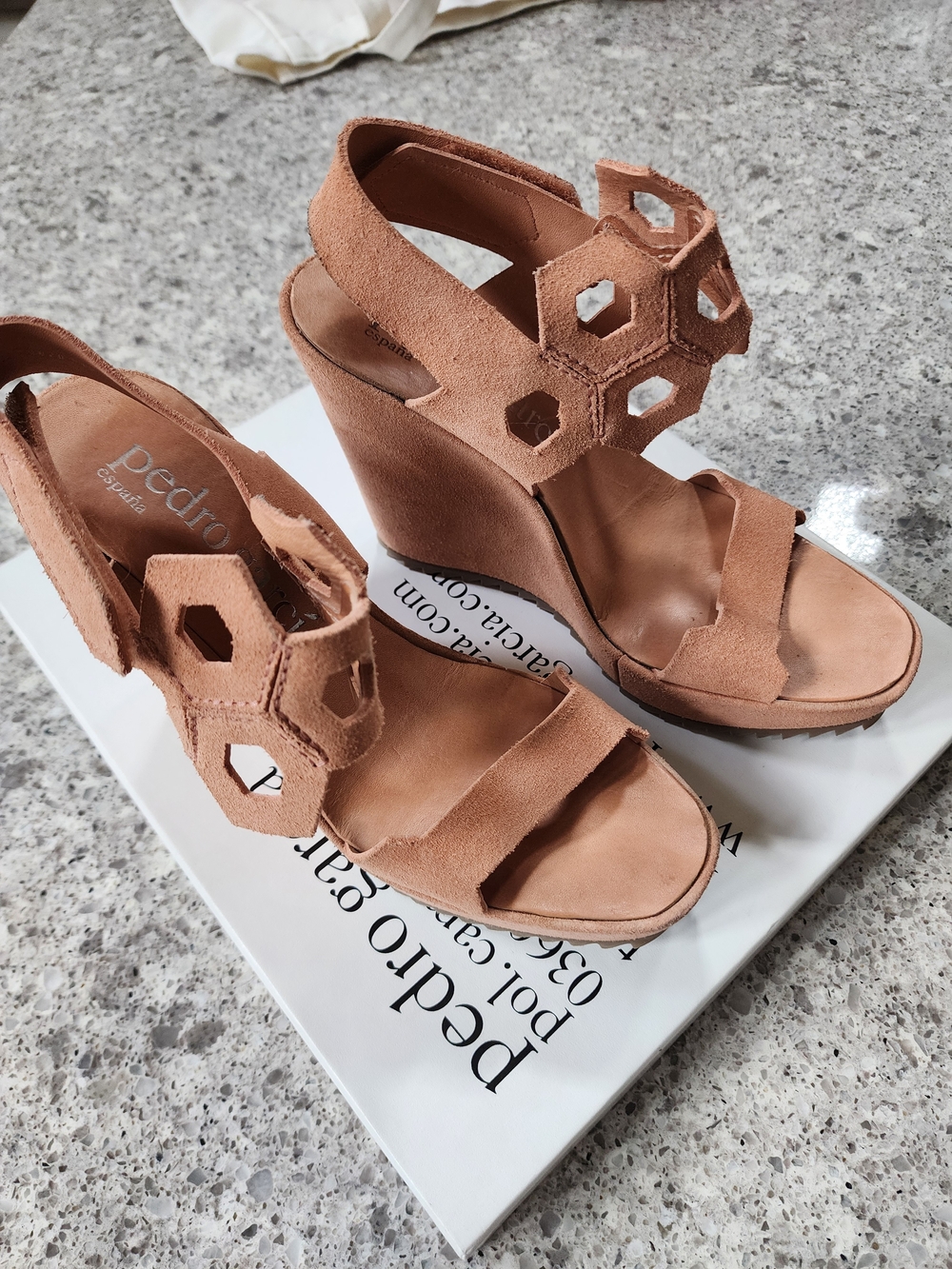 Pedro Garcia Suede Hex Cutout Wedge Sandals in Tan